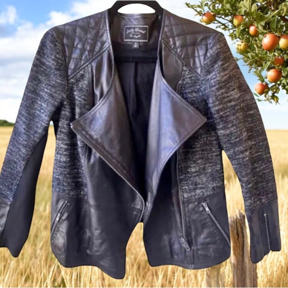 Lucky Brand Black Lamb Leather Mixed Media Tweed Moto Jacket Zipper Cuffs